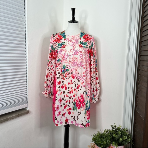 Umgee | NWT Rosie Fushia Floral Animal Print Dot Long Sleeve Tunic Dress - Picture 9 of 12